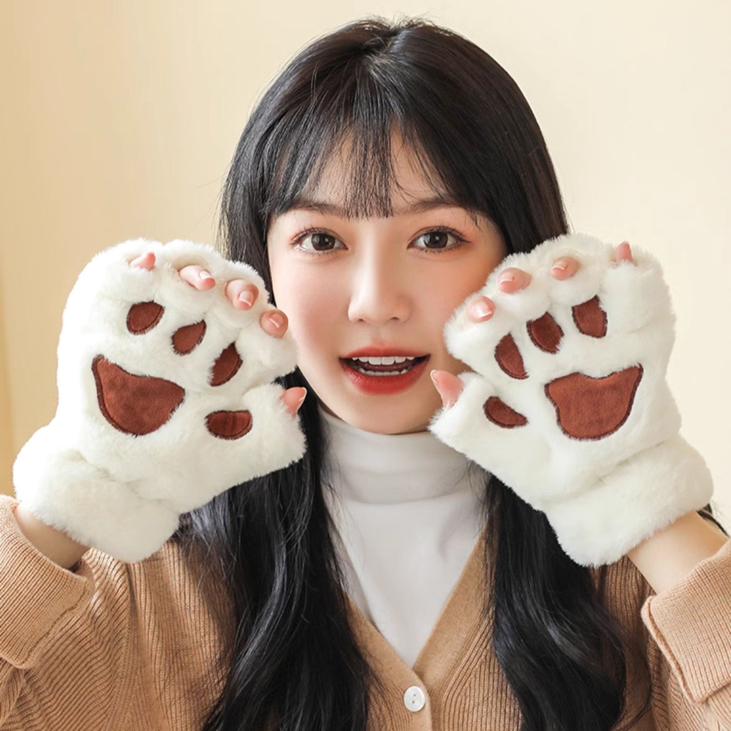 Fluffy Bear Paw Fingerless Gloves