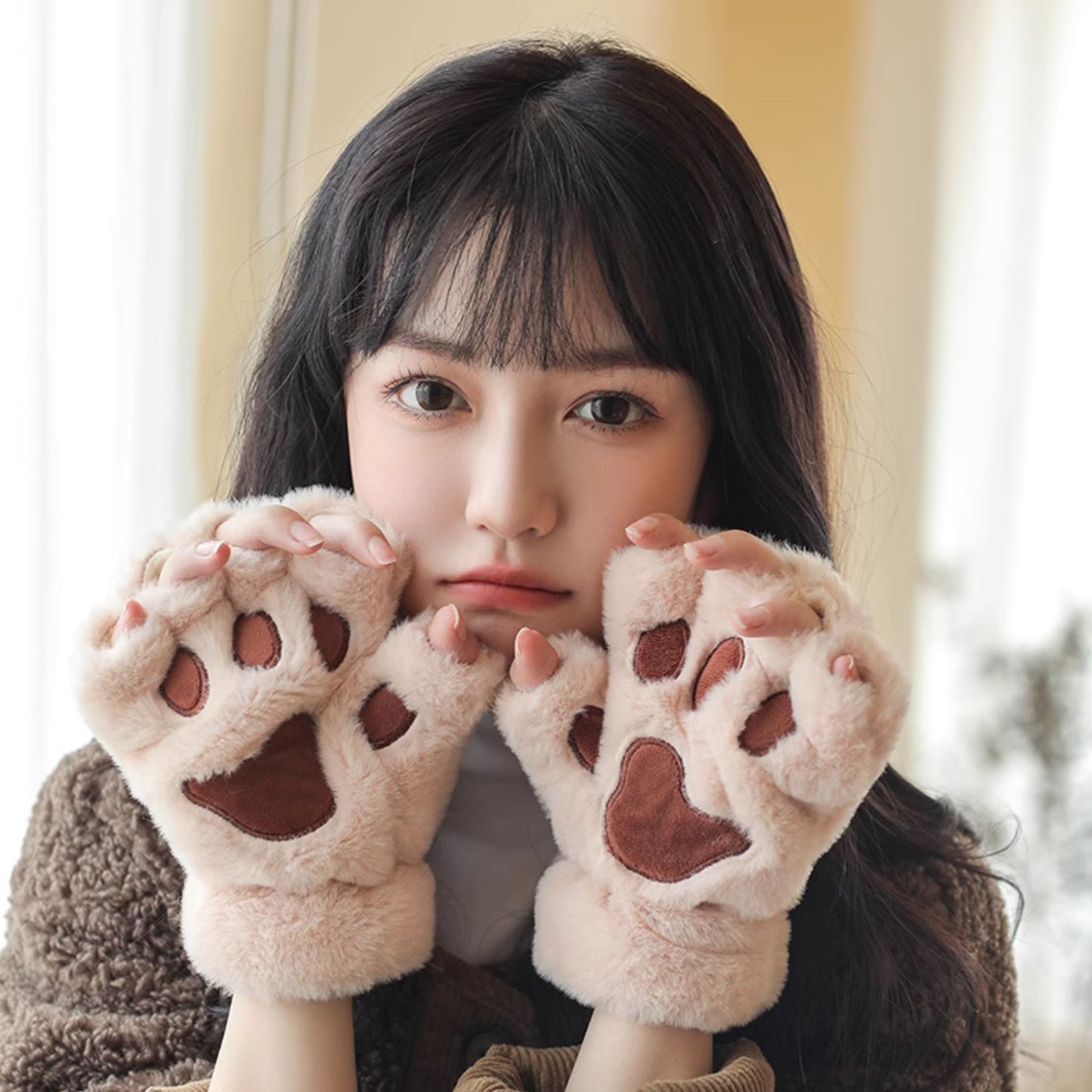 Fluffy Bear Paw Fingerless Gloves
