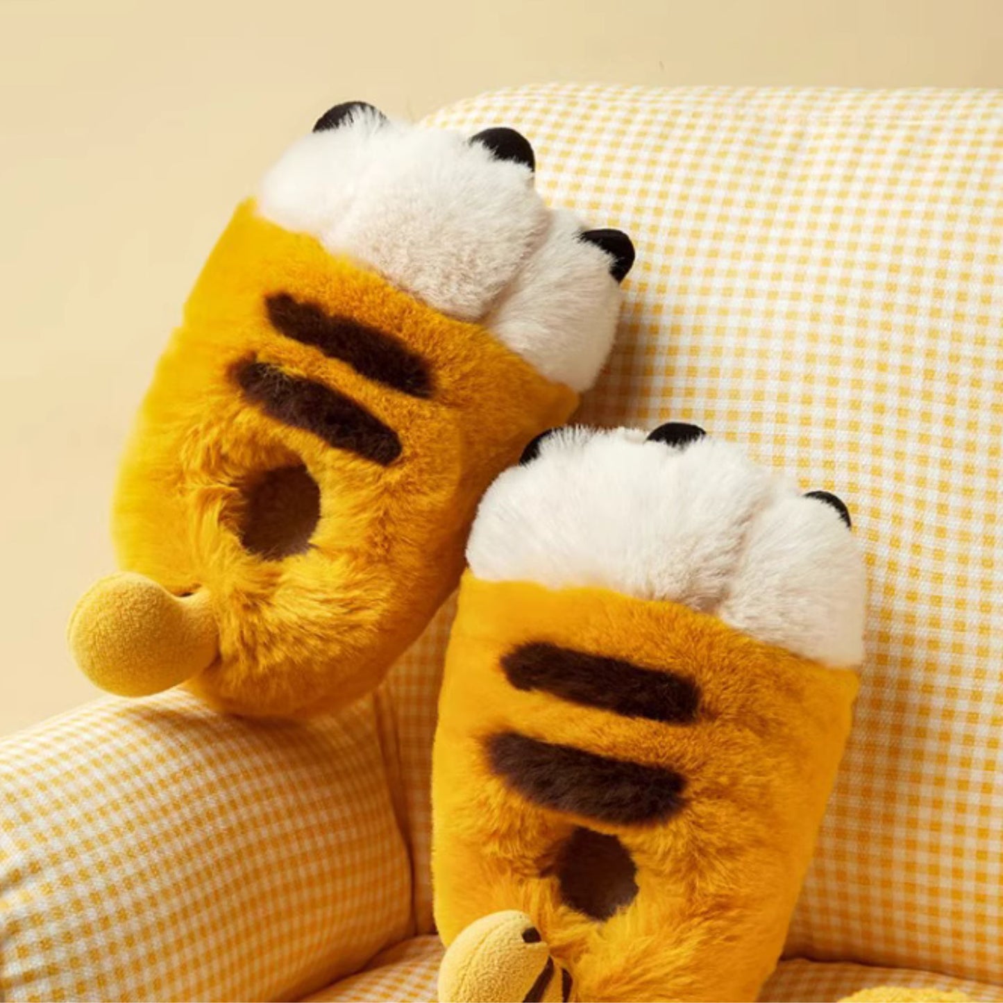 Yellow Tiger Paw Fluffy Lounge Slippers