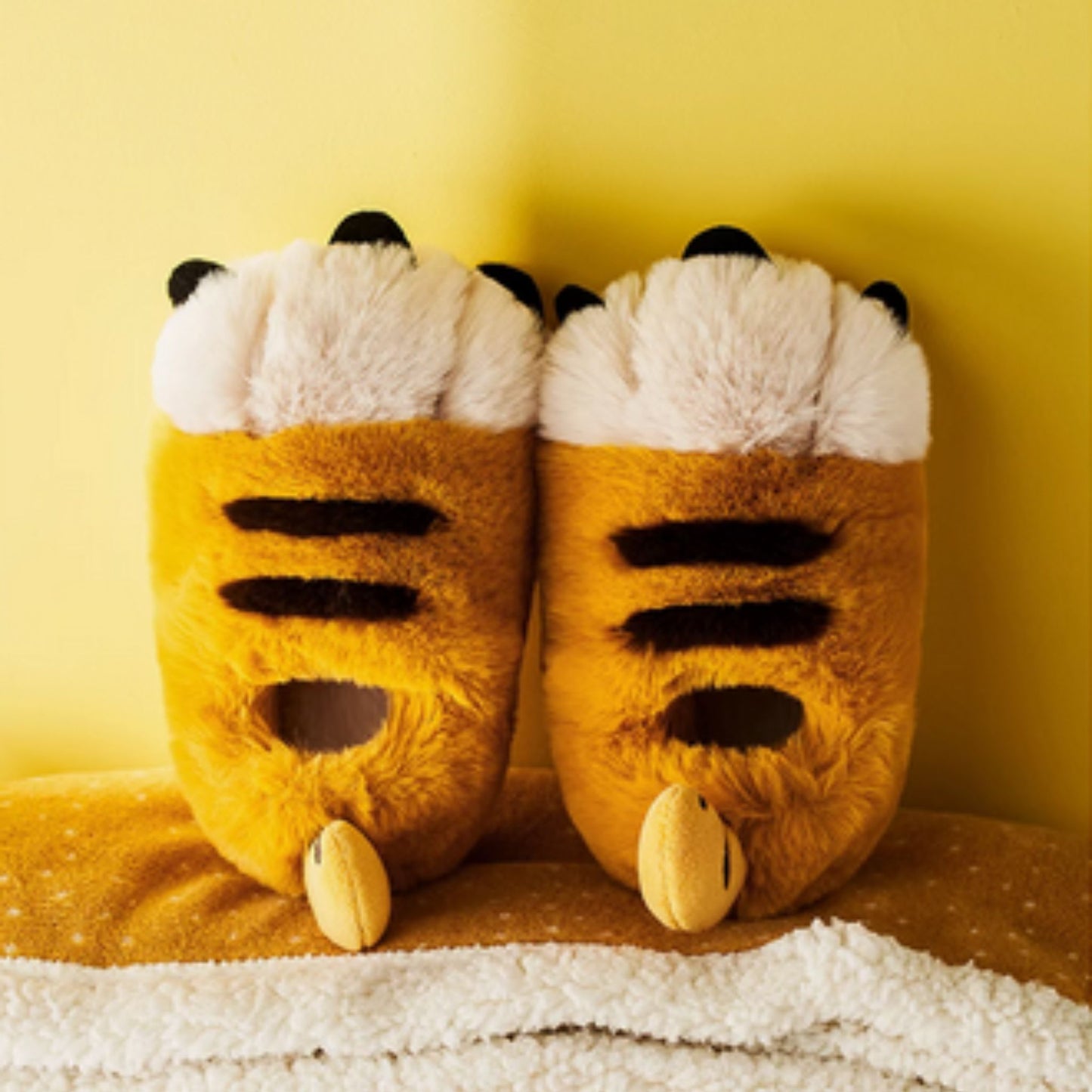 Yellow Tiger Paw Fluffy Lounge Slippers