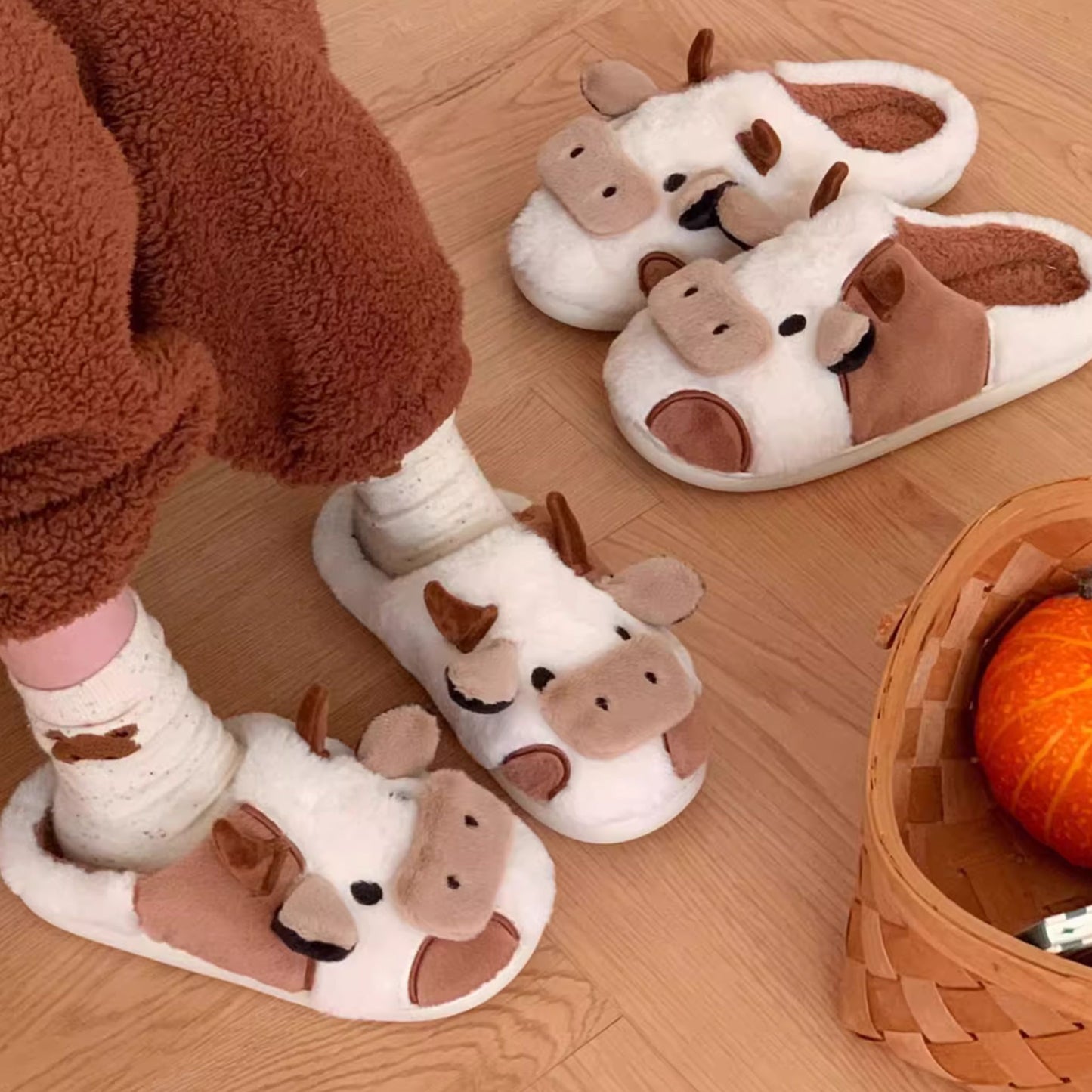 Brown Cow Fluffy Cute Lounge Slippers